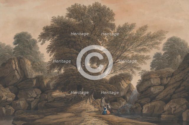 Figures Beside a Waterfall and Pool in a Wooded Landscape, 1812. Creator: John Varley I.