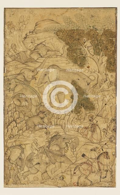 Figures capturing wild elephants, late 16th century -early 17th century. Artist: Unknown.