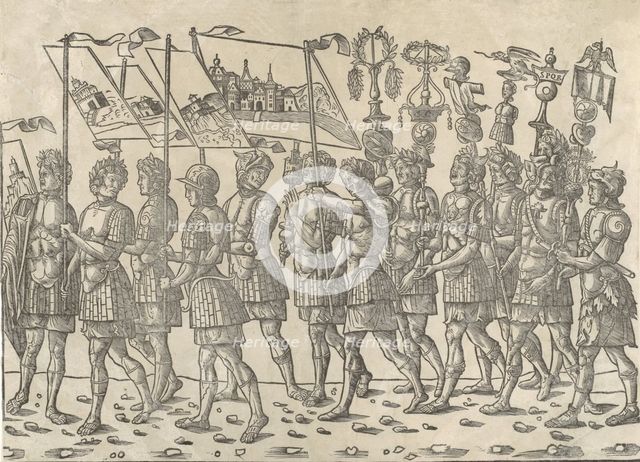Figures carrying standards and trophies: from 'The Triumph of Caesar', 1504., Creator: Jacob von Strassburg.