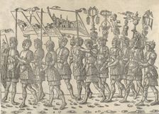 Figures carrying standards and trophies: from The Triumph of Caesar 1504., Creator: Jacob von Strassburg