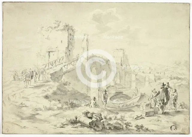 Figures Crossing Stone Bridge Above Boat Ferrying Barrels, n.d. Creator: Unknown.