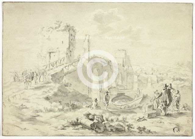 Figures Crossing Stone Bridge Above Boat Ferrying Barrels, n.d. Creator: Unknown.
