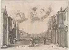 Figures gathered at a seaport as a ship arrives; set design from Il Fuoco Eterno 1674. Creator: Mathäus Küsel
