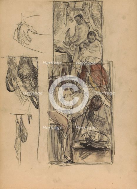 Figures in a butcher shop, 1887. Creator: Marius Bauer.