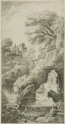 Figures in a Rocky Landscape with Waterfall, n.d. Creator: Johann Samuel Bach