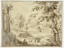 Figures in Landscape with Ruins and Castle, n.d. Creator: Unknown