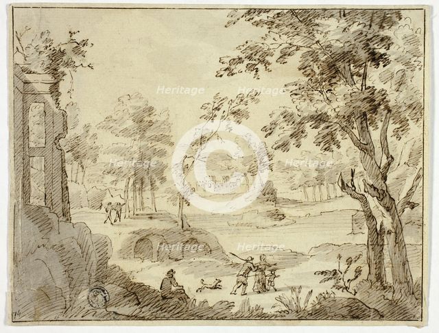 Figures in Landscape with Ruins and Castle, n.d. Creator: Unknown.