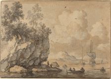 Figures in Rowing Boats in a Rocky Cove, Sailing Ships Beyond. Creator: Allart van Everdingen
