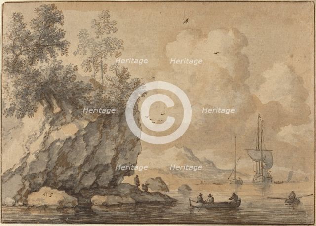 Figures in Rowing Boats in a Rocky Cove, Sailing Ships Beyond. Creator: Allart van Everdingen.