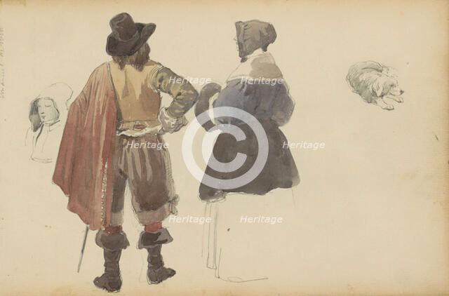 Figures in seventeenth-century clothing and a dog, c. 1846-c. 1882. Creator: Cornelis Springer.