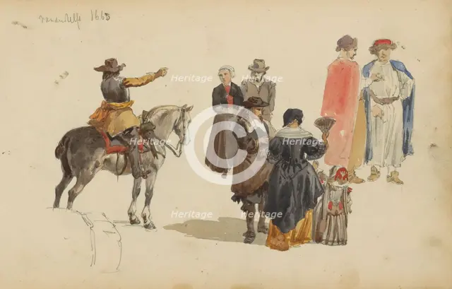 Figures in seventeenth-century clothing, c. 1846-c. 1882. Creator: Cornelis Springer.