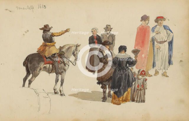 Figures in seventeenth-century clothing, c. 1846-c. 1882. Creator: Cornelis Springer.