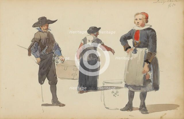 Figures in seventeenth-century clothing, c. 1846-c. 1882. Creator: Cornelis Springer.