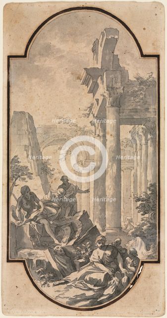Figures Near the Ruins of a Corinthian Temple (recto), first half 1700s. Creator: Andrea Locatelli (Italian, 1695-1741).