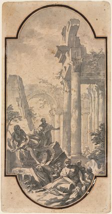 Figures Near the Ruins of a Corinthian Temple (recto); Fragment of an Arch (tracing from recto) (ver Creator: Andrea Locatelli (Italian, 1695-1741)