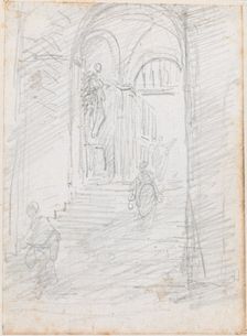 Figures on a Monumental Interior Stairway [recto], probably c. 1754/1765. Creator: Hubert Robert