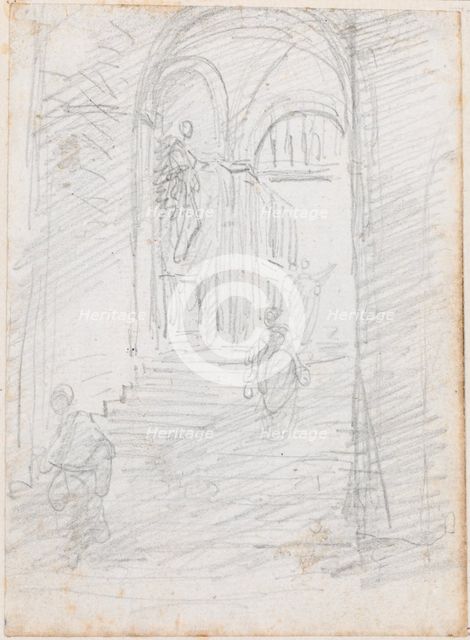 Figures on a Monumental Interior Stairway [recto], probably c. 1754/1765. Creator: Hubert Robert.
