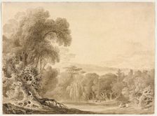 Figures Seated by a Lake in a Wooded Landscape, 1820. Creator: John Martin (British, 1789-1854)