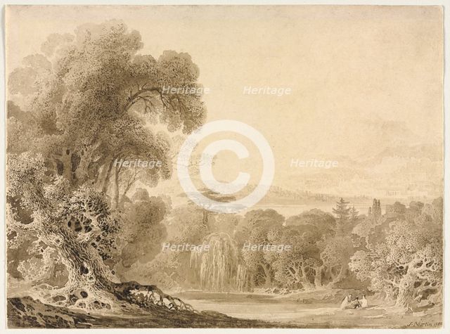 Figures Seated by a Lake in a Wooded Landscape, 1820. Creator: John Martin (British, 1789-1854).