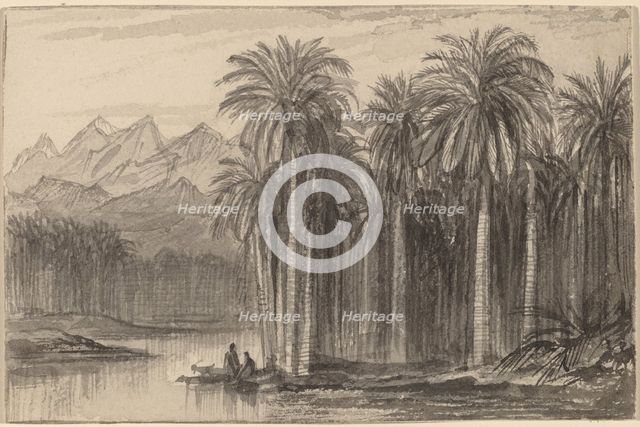 Figures Setting Out in Canoes from a Palm Grove (Wady Feiran), 1884/1885. Creator: Edward Lear.