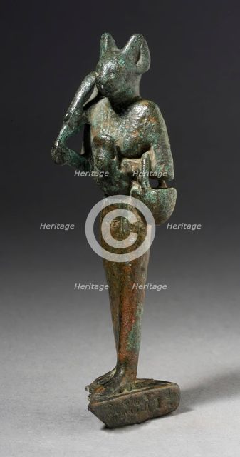 Figurine of Standing Cat Headed Goddess with Sistrum, Probably Ptolemaic Period (332-30 BCE). Creator: Unknown.