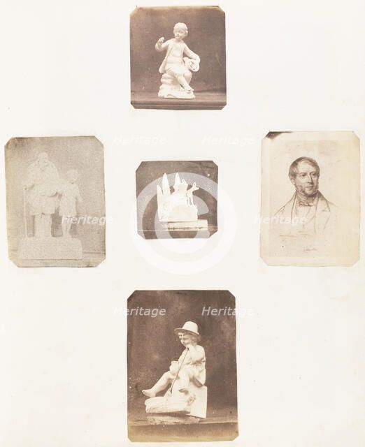 [Figurine of Young Boy Holding Apples; Cabinet Card of a Man; Figurine of a Young Child..., 1853-56. Creator: John Dillwyn Llewelyn.