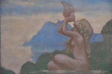 Figurine marine soufflant dans une conque (golfe de Porto), c. 1908. Creator: Auburtin, Jean Francis (1866-1930)