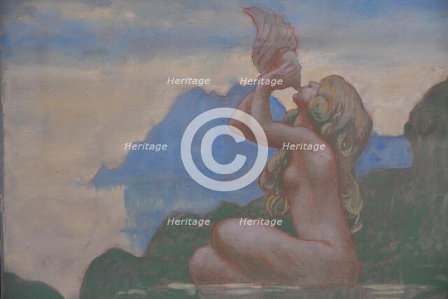 Figurine marine soufflant dans une conque (golfe de Porto), c. 1908. Creator: Auburtin, Jean Francis (1866-1930).