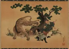 Filial piety: Yang Hsiang saving his father from a tiger, late 18th-early 19th century. Creator: Hokusai