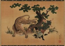 Filial piety: Yang Hsiang saving his father from a tiger, late 18th-early 19th century. Creator: Hokusai