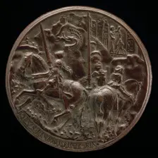 Filippo Maria Visconti Riding in a Mountainous Landscape [reverse], c. 1441. Creator: Pisanello
