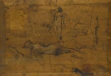 Fillette au ruban bleu (recto) / Cinq études de nus, un paon et une tête de profil (verso), 1865. Creator: Jean Jacques Henner