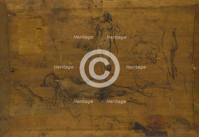 Fillette au ruban bleu (recto) / Cinq études de nus, un paon et une tête de profil (verso), 1865. Creator: Jean Jacques Henner.