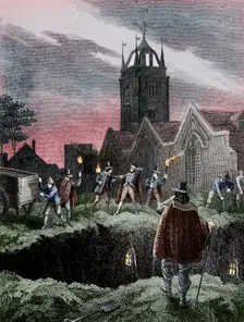 Filling a mass grave at night during the Plague of London, c1665. Artist: Anon