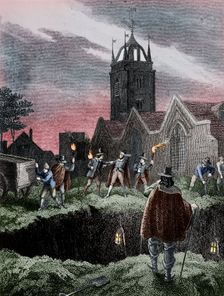 Filling a mass grave at night during the Plague of London, c1665. Artist: Anon