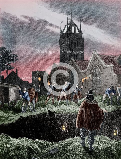 Filling a mass grave at night during the Plague of London, c1665. Artist: Anon.