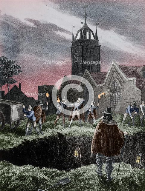 Filling a mass grave at night during the Plague of London, c1665. Artist: Anon.