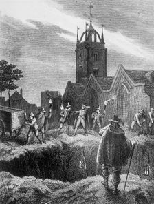 Filling a mass grave at night during the Plague of London, c1665. Creator: Anon