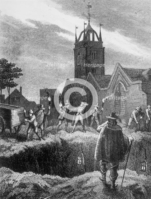 Filling a mass grave at night during the Plague of London, c1665. Creator: Anon.