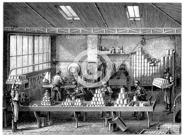 Filling and soldering cans of food, France, c1870. Creator: Unknown.
