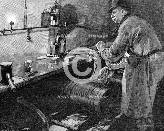Filling beer barrels in an American brewery, 1885. Artist: Unknown