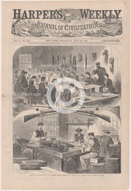 Filling Cartridges at the United States Arsenal, at Watertown, Massachusetts (Har..., July 20, 1861. Creator: Anon.