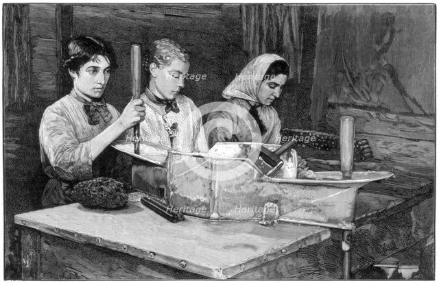 Filling cartridges with dynamite powder at Isleten, near Fluelen, Switzerland, 1893. Artist: Unknown