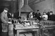 Filling shrapnel shells in a British munitions factory, World War I, 1914-1918