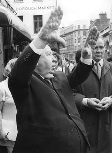 Film director Alfred Hitchcock during shooting of Frenzy Borough Market, London, 1971