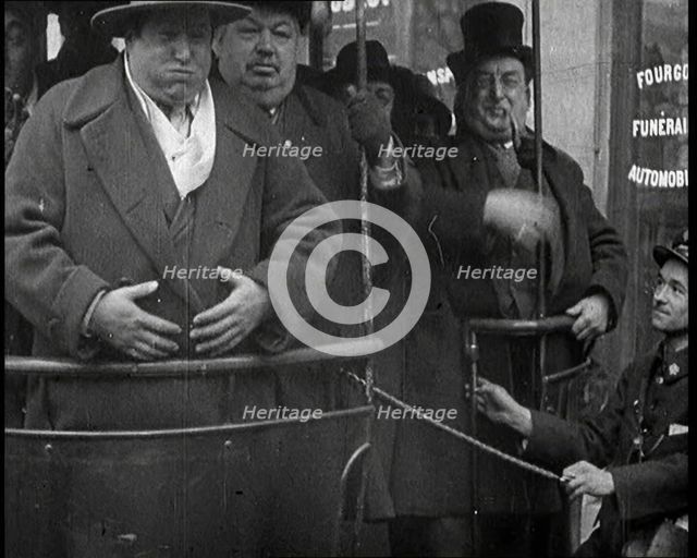 Film 'Fat Man's Outing'. Large Men Getting on a Paris Bus, 1921. Creator: British Pathe Ltd.