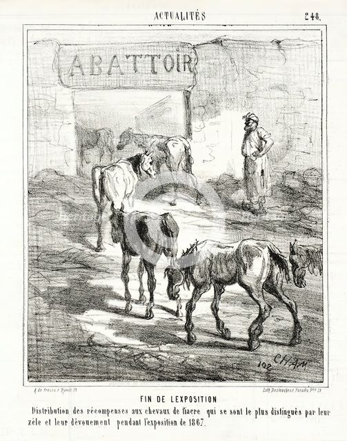 Fin de l'exposition. Distribution des récompenses aux chevaux de fiacre qui se sont le plus..., 1867 Creator: Cham.