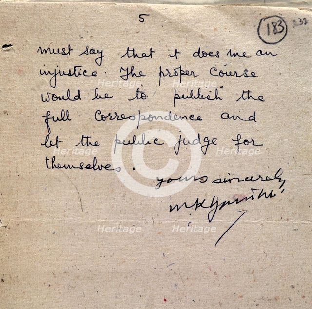Final page of a letter from Gandhi to Sir Richard Tottenham, 1943. Creator: Mohandas Gandhi.