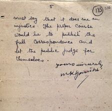 Final page of a letter from Gandhi to Sir Richard Tottenham, 1943. Creator: Mohandas Gandhi