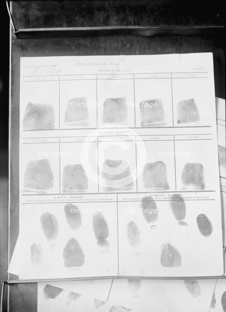 Finger Printing, Records From Finger Print Bureau, Navy Department, 1912. Creator: Harris & Ewing.